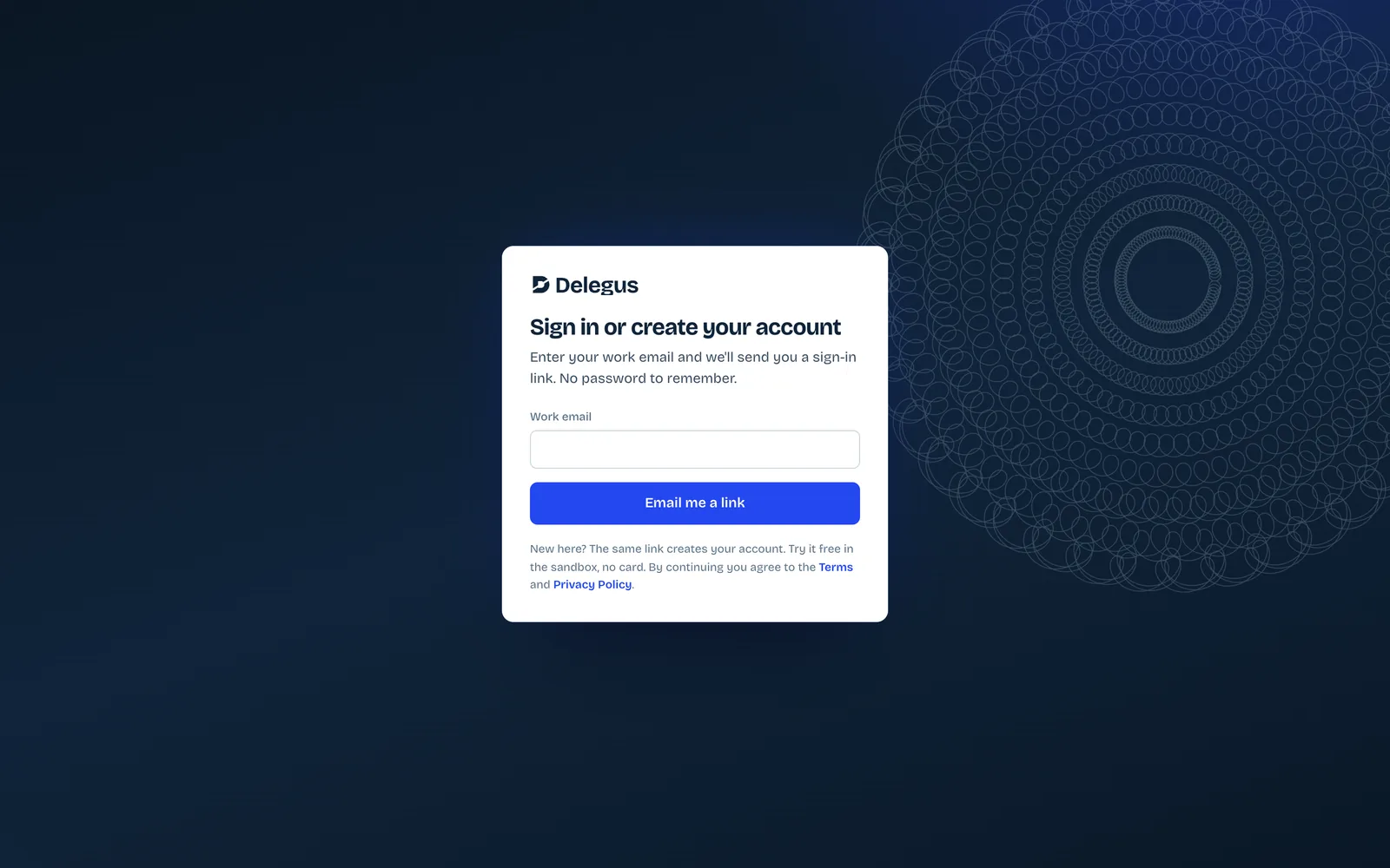 The Delegus sign-in page: "Sign in or create your account"